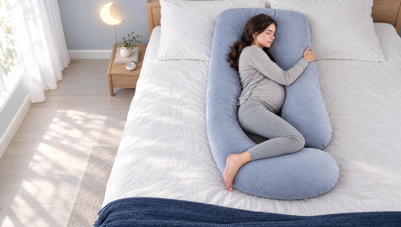 A pregnant woman asleep on her side, wrapped in a light blue Cradlo G-shape pillow